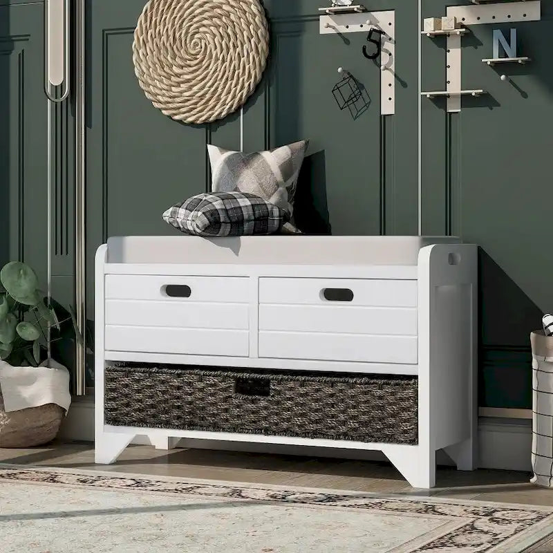 Banc de rangement d'entrée avec panier amovible et 2 tiroirs, avec coussin amovible pour salon