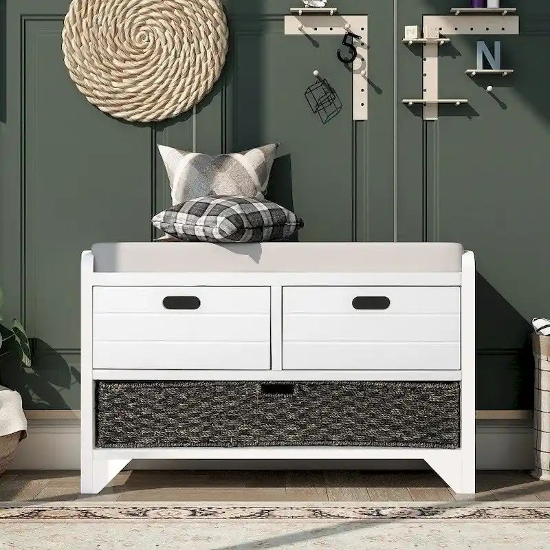 Banc de rangement d'entrée avec panier amovible et 2 tiroirs, avec coussin amovible pour salon
