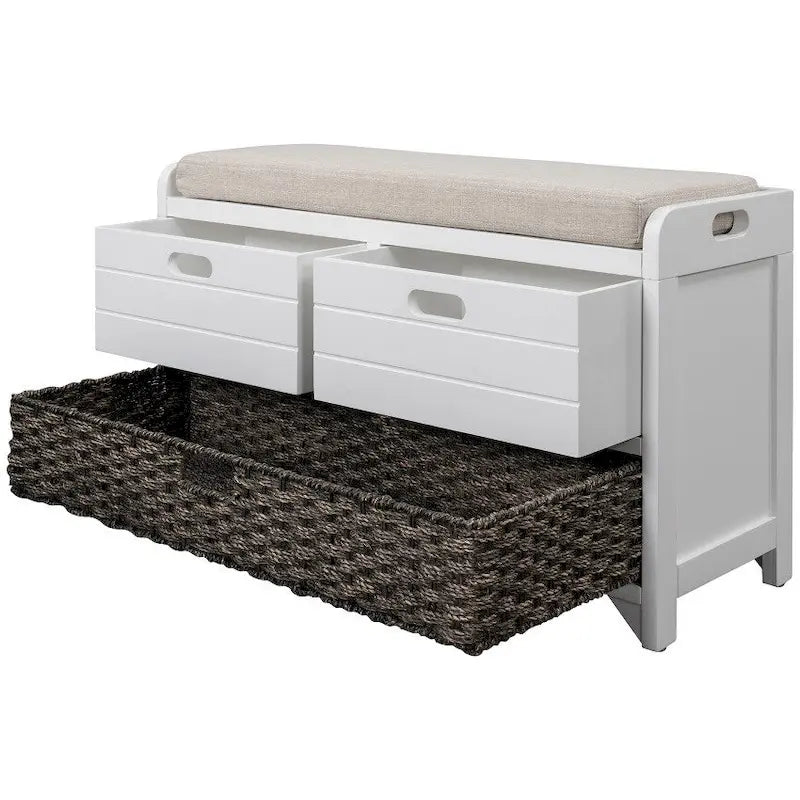 Banc de rangement d'entrée avec panier amovible et 2 tiroirs, avec coussin amovible pour salon