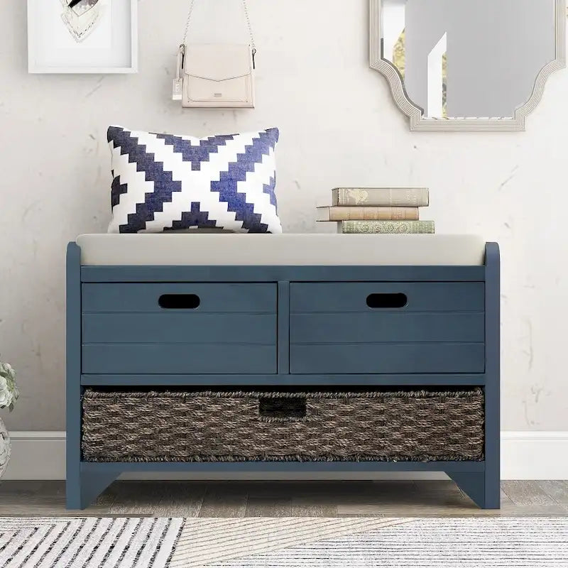 Banc de rangement d'entrée avec panier amovible et 2 tiroirs, avec coussin amovible pour salon