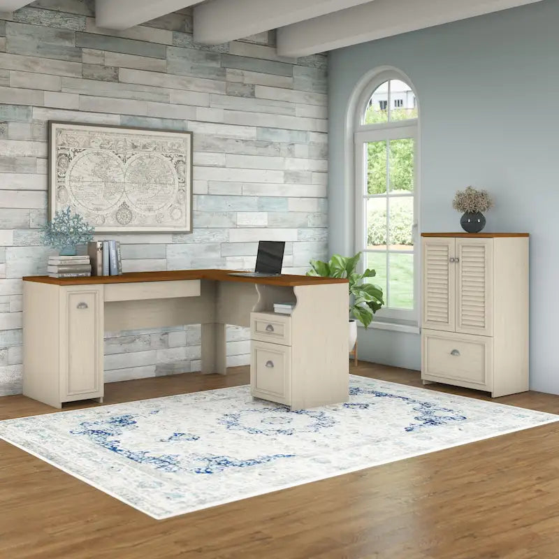 Bureau en L et meuble de rangement par