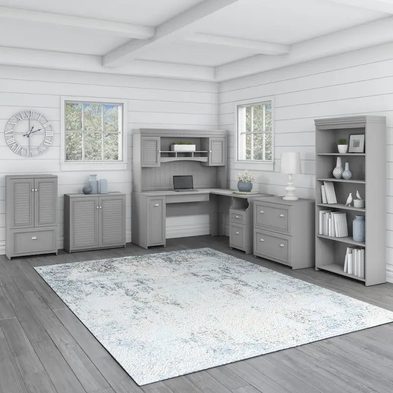 Bureau en L et meuble de rangement par