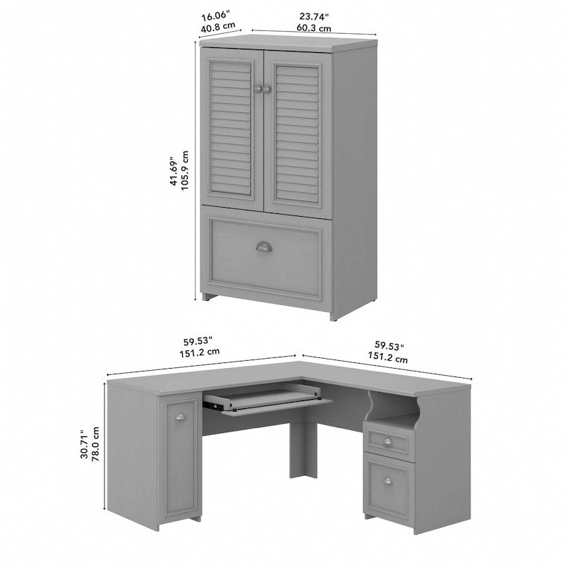 Bureau en L et meuble de rangement par