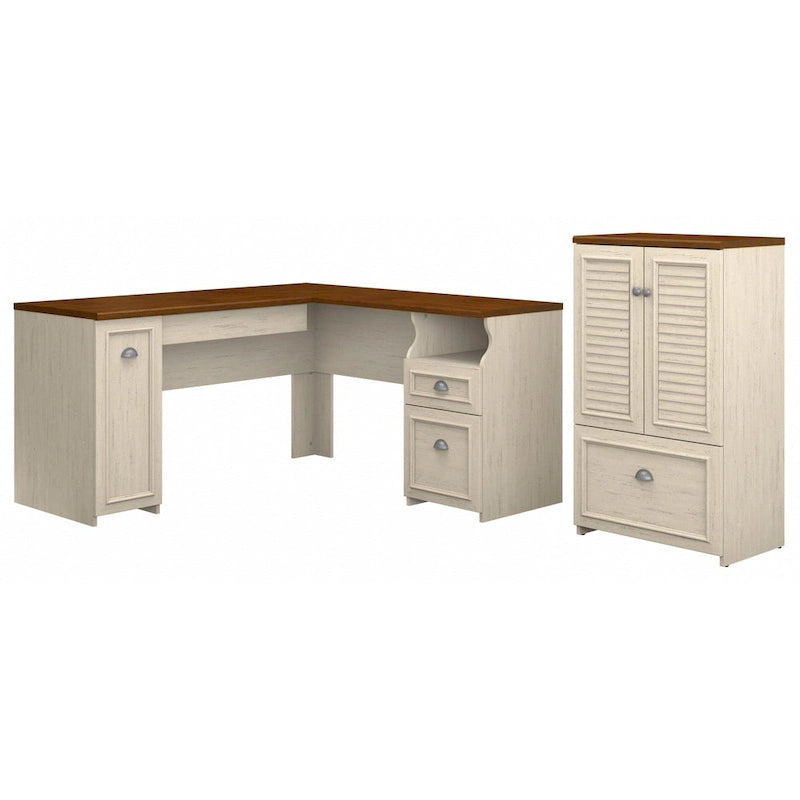 Bureau en L et meuble de rangement par