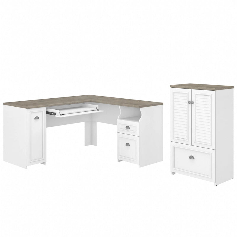 Bureau en L et meuble de rangement par