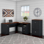Bureau en L et meuble de rangement par