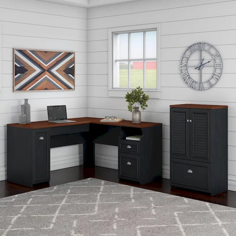 Bureau en L et meuble de rangement par