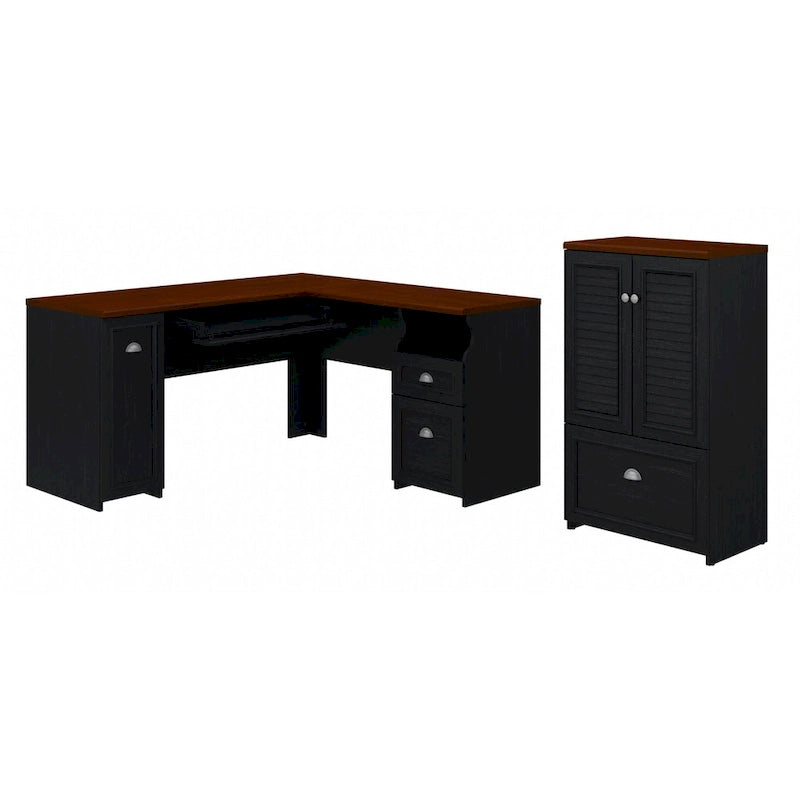 Bureau en L et meuble de rangement par