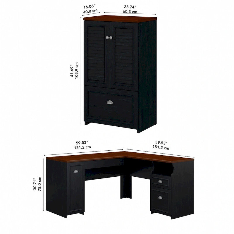 Bureau en L et meuble de rangement par