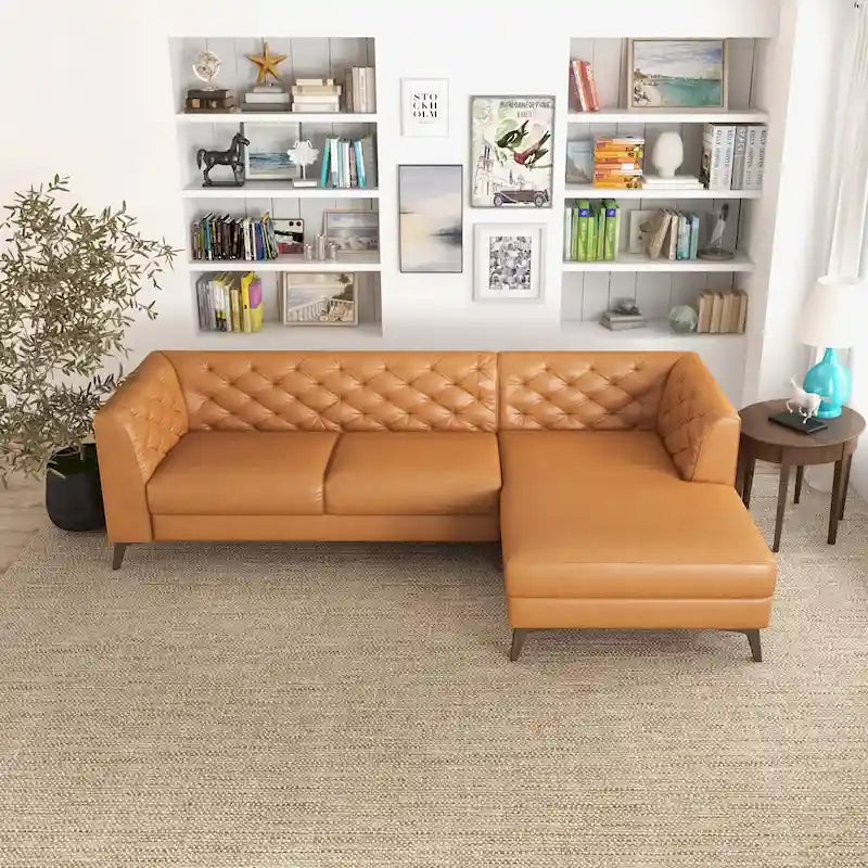 Canapé d'angle modulable en cuir supérieur avec capitonnage Chesterfield, style moderne, couleur cognac