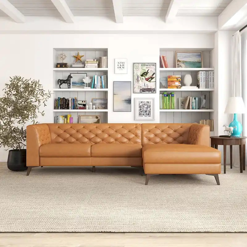 Canapé d'angle modulable en cuir supérieur avec capitonnage Chesterfield, style moderne, couleur cognac