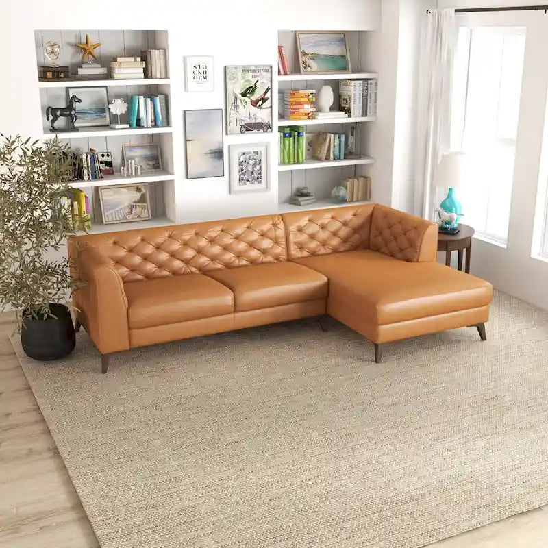 Canapé d'angle modulable en cuir supérieur avec capitonnage Chesterfield, style moderne, couleur cognac