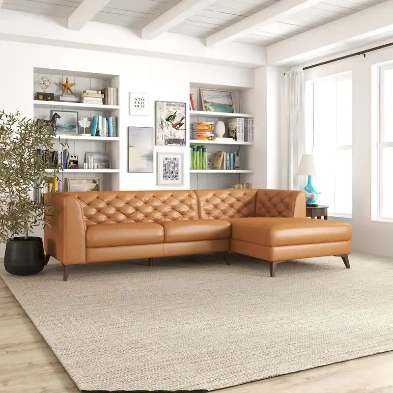 Canapé d'angle modulable en cuir supérieur avec capitonnage Chesterfield, style moderne, couleur cognac