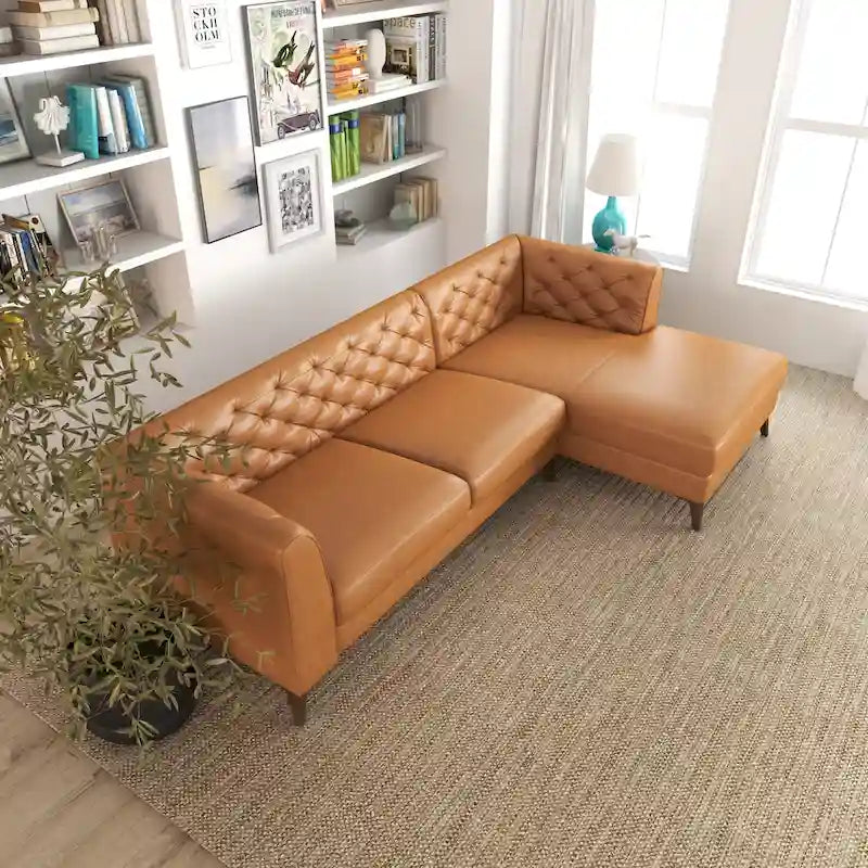 Canapé d'angle modulable en cuir supérieur avec capitonnage Chesterfield, style moderne, couleur cognac