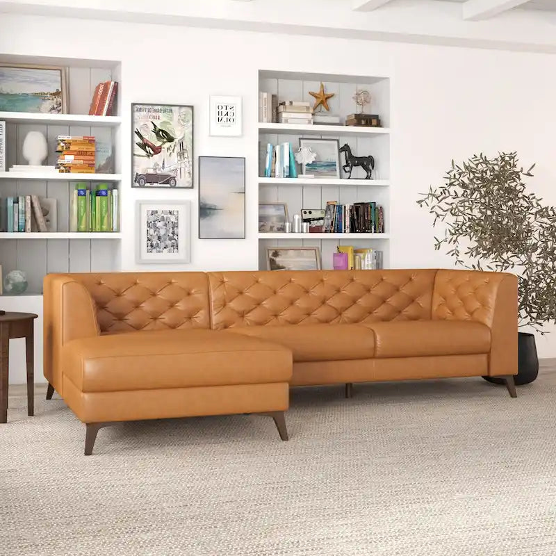 Canapé d'angle modulable en cuir supérieur avec capitonnage Chesterfield, style moderne, couleur cognac