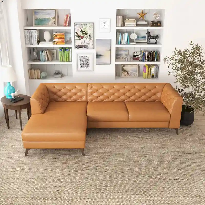 Canapé d'angle modulable en cuir supérieur avec capitonnage Chesterfield, style moderne, couleur cognac