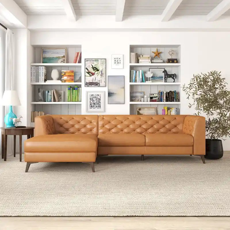 Canapé d'angle modulable en cuir supérieur avec capitonnage Chesterfield, style moderne, couleur cognac