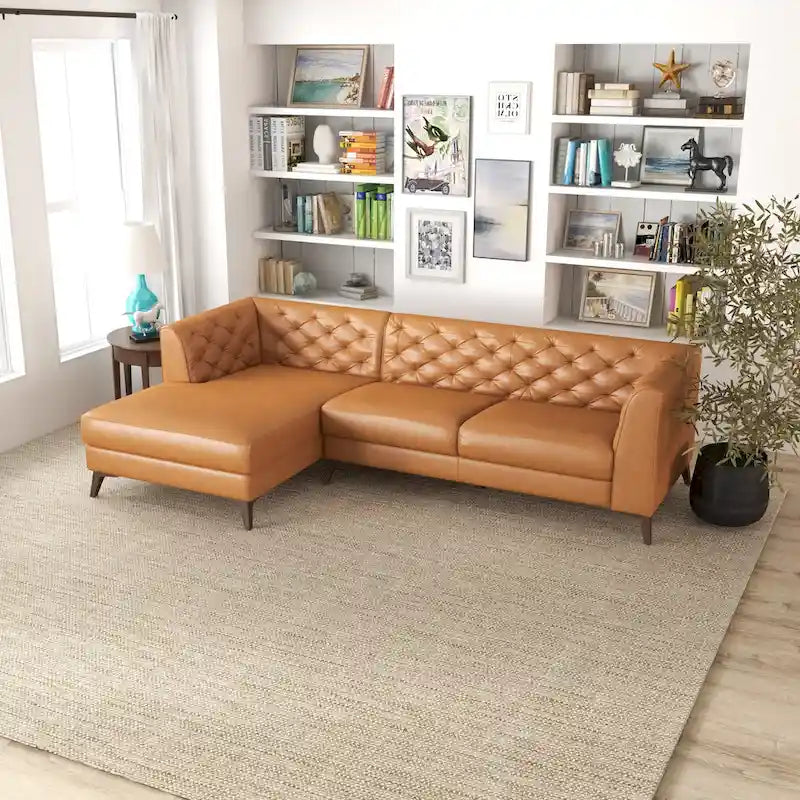Canapé d'angle modulable en cuir supérieur avec capitonnage Chesterfield, style moderne, couleur cognac