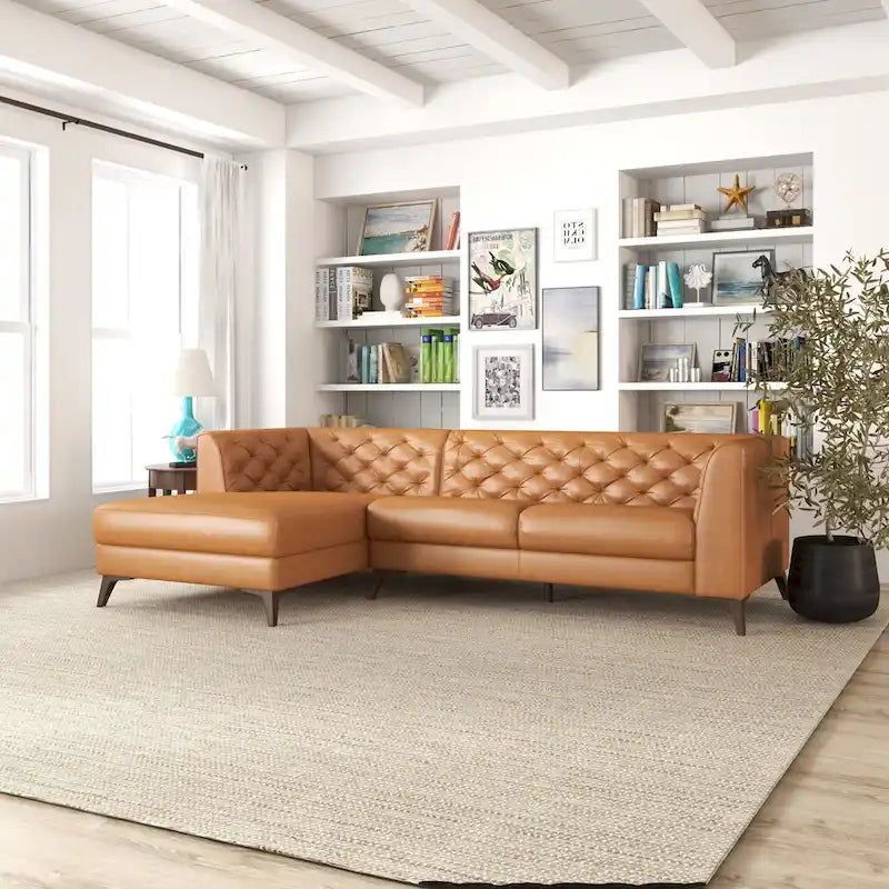 Canapé d'angle modulable en cuir supérieur avec capitonnage Chesterfield, style moderne, couleur cognac