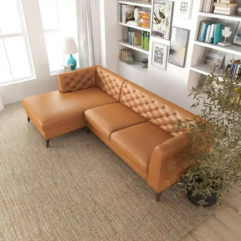 Canapé d'angle modulable en cuir supérieur avec capitonnage Chesterfield, style moderne, couleur cognac