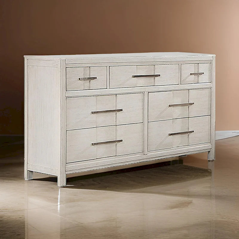 Varos 58 Inch Wide Dresser Chest, 7 Drawers, Nickel Bar Handles, White
