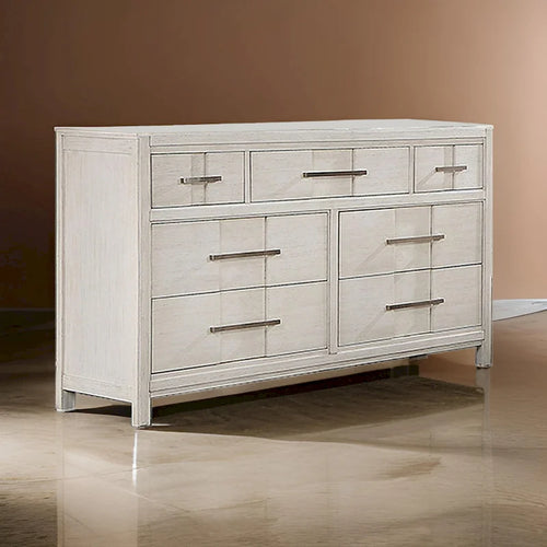 Varos 58 Inch Wide Dresser Chest, 7 Drawers, Nickel Bar Handles, White