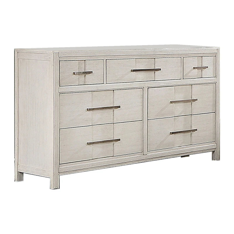 Commode 7 tiroirs de 147 cm de large, poignées barres en nickel, blanc