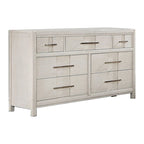 Commode 7 tiroirs de 147 cm de large, poignées barres en nickel, blanc