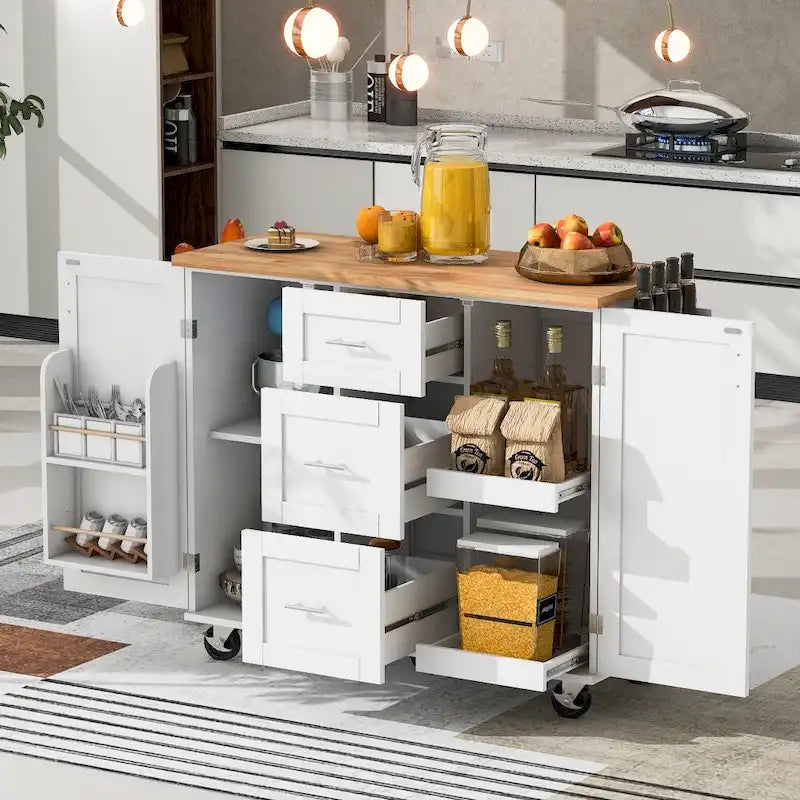 Dessus en caoutchouc de 50 po L d'îlot de cuisine sur 5 roues avec 3 tiroirs et 2 étagères coulissantes