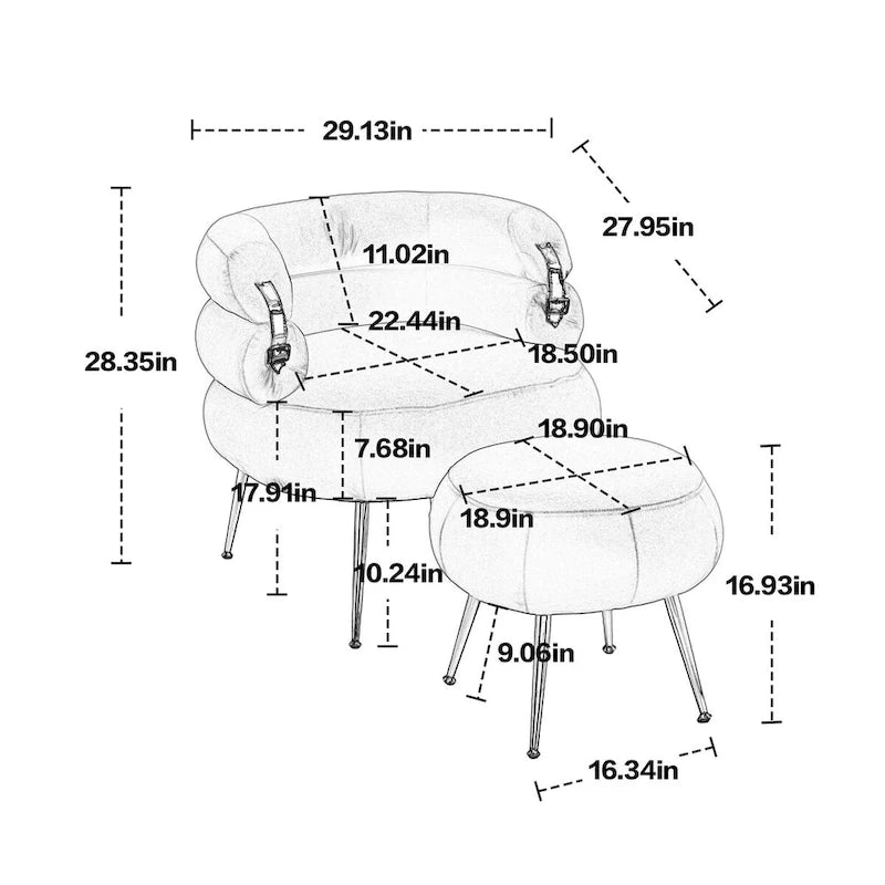 Fauteuil d'appoint moderne avec accoudoirs, capitonné, avec cadre en métal – 29,13 x 27,95 x 28,35