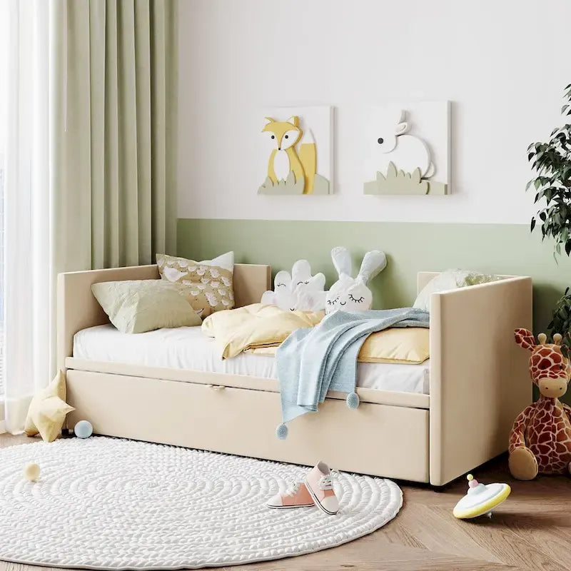 Velvet Upholstered Twin Daybed, Pop Up Trundle, Expandable to King Size, Versatile