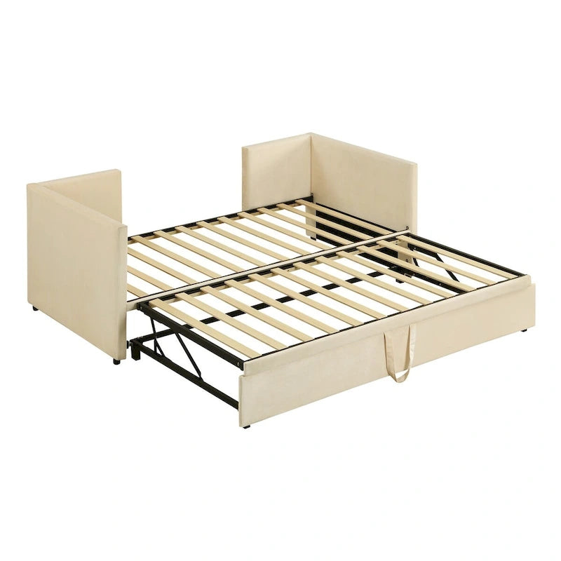 Lit de jour jumeau capitonné en velours, lit gigogne relevable, extensible en très grand lit, polyvalent