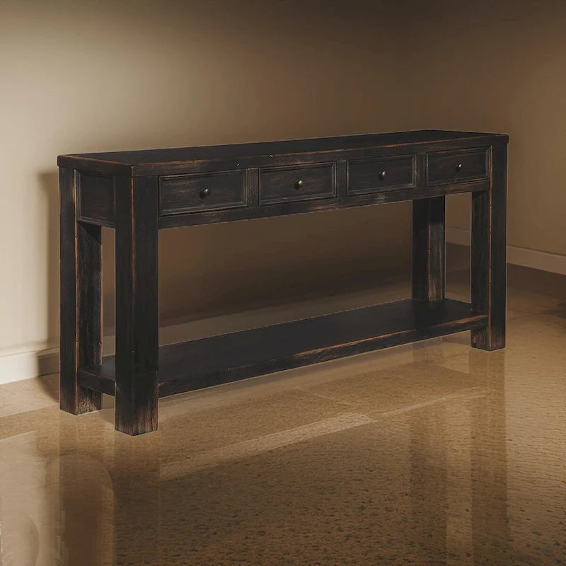 Table basse en bois avec quatre tiroirs et une étagère, noir vieilli