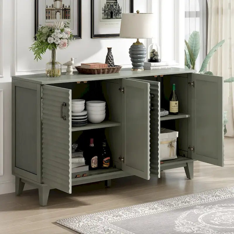 Bahut avec 4 portes, grand buffet de rangement avec étagères réglables et poignées en métal pour cuisine, salon, salle à manger