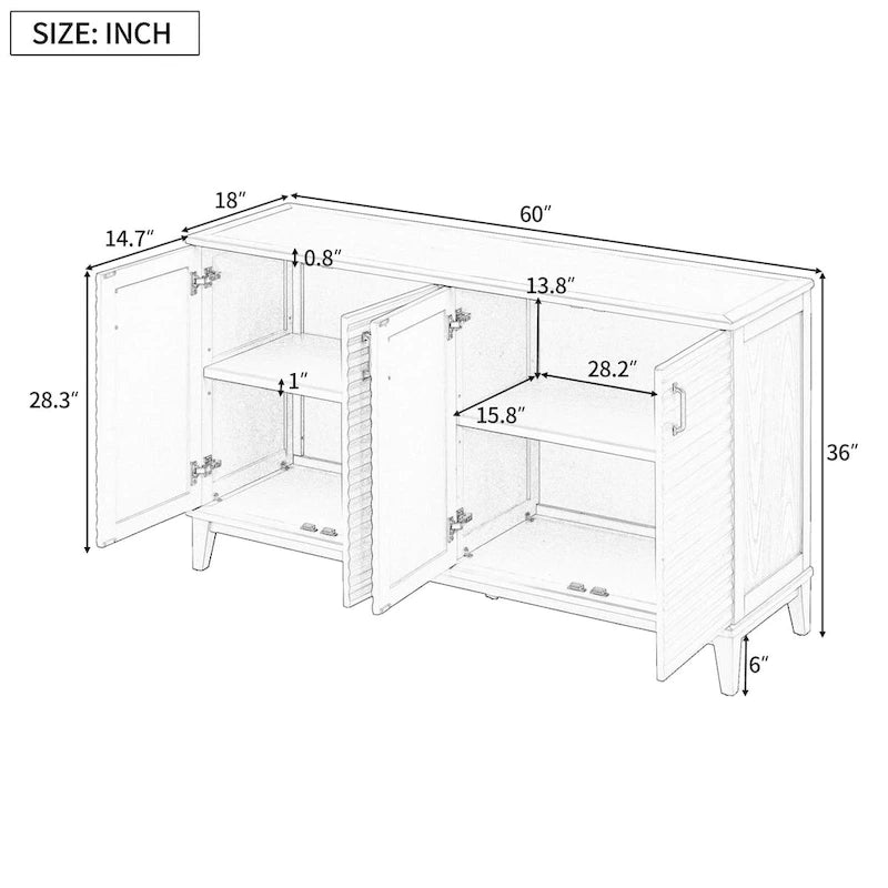 Bahut avec 4 portes, grand buffet de rangement avec étagères réglables et poignées en métal pour cuisine, salon, salle à manger