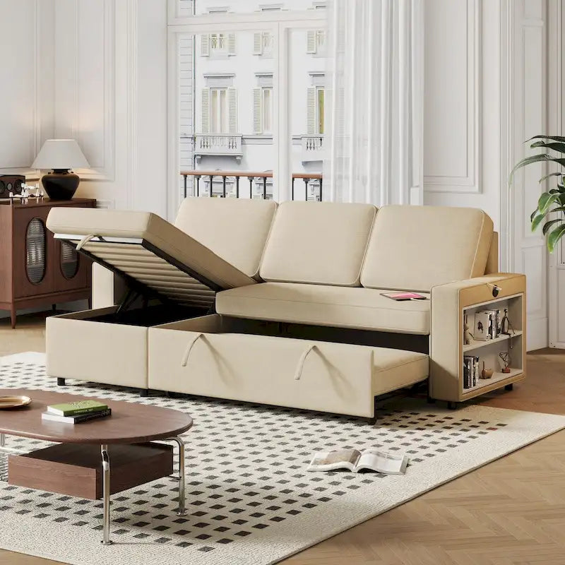 Canapé-lit convertible avec méridienne de rangement et port USB, canapé d'angle, beige