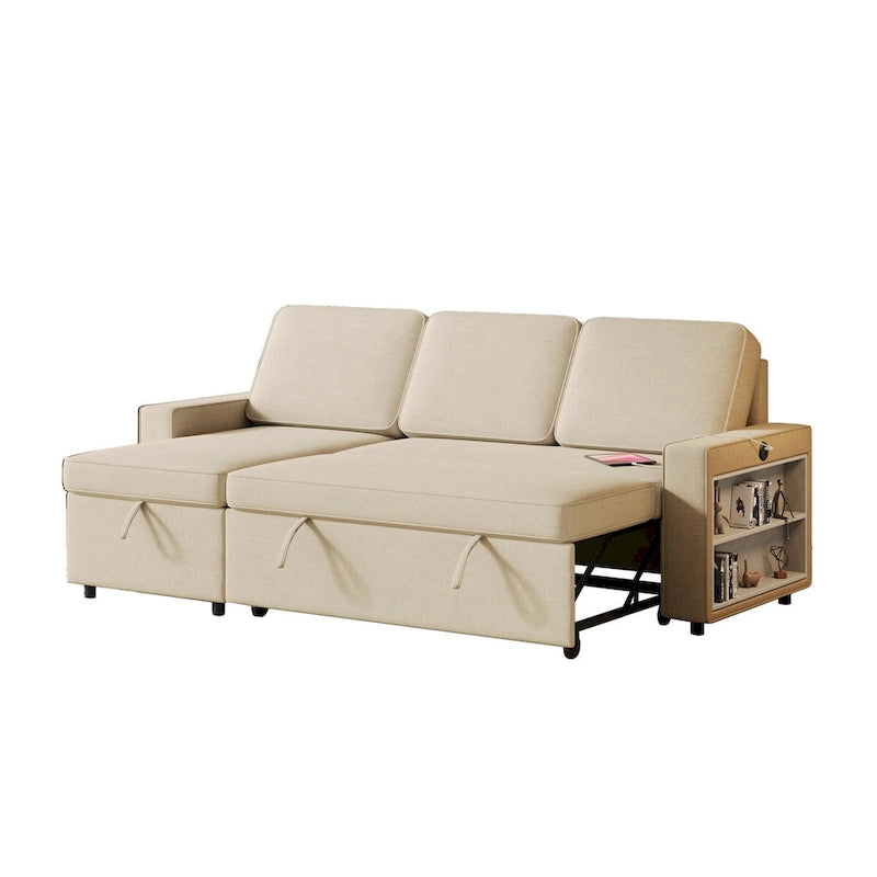 Canapé-lit convertible avec méridienne de rangement et port USB, canapé d'angle, beige
