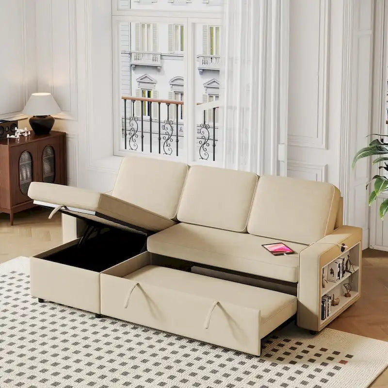 Canapé-lit convertible avec méridienne de rangement et port USB, canapé d'angle, beige