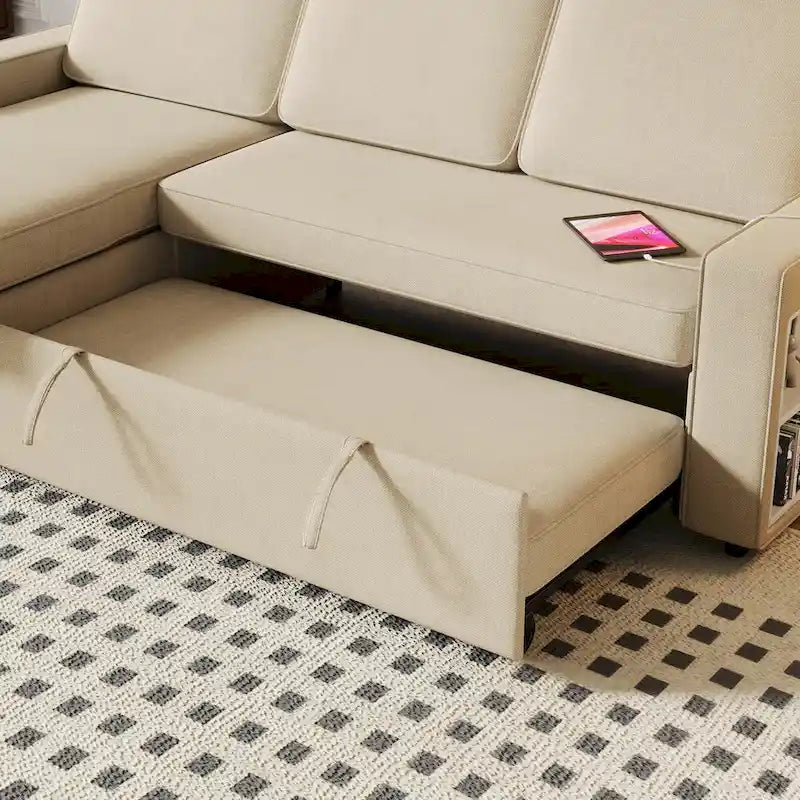 Canapé-lit convertible avec méridienne de rangement et port USB, canapé d'angle, beige