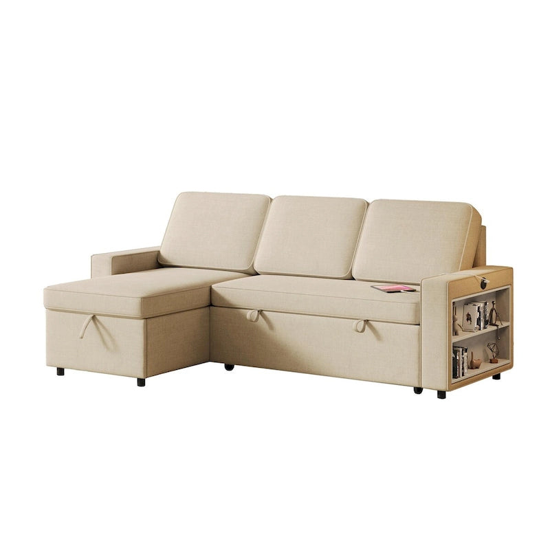 Canapé-lit convertible avec méridienne de rangement et port USB, canapé d'angle, beige