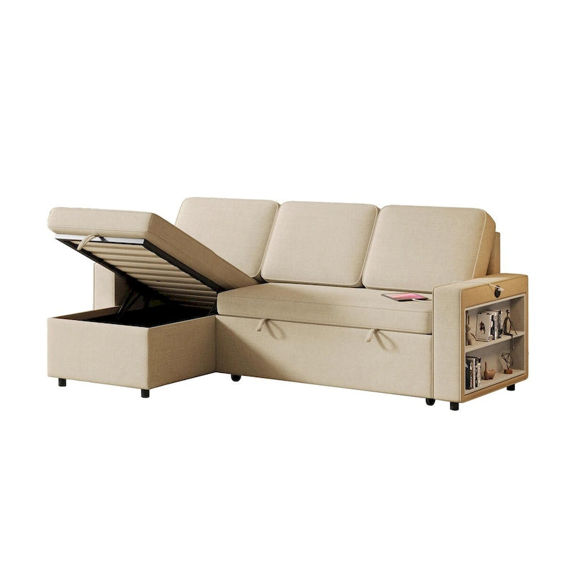 Canapé-lit convertible avec méridienne de rangement et port USB, canapé d'angle, beige