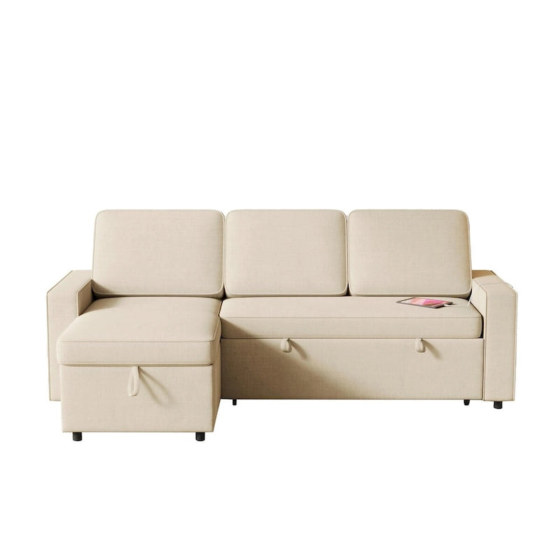 Canapé-lit convertible avec méridienne de rangement et port USB, canapé d'angle, beige