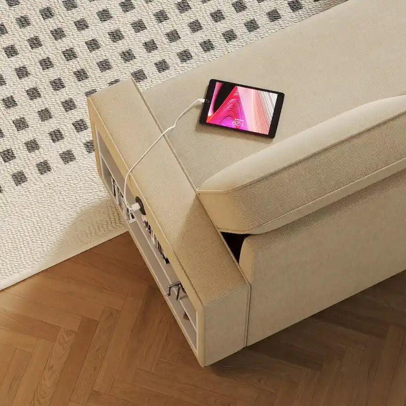 Canapé-lit convertible avec méridienne de rangement et port USB, canapé d'angle, beige