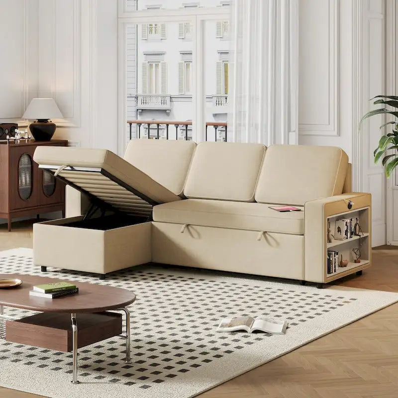 Canapé-lit convertible avec méridienne de rangement et port USB, canapé d'angle, beige
