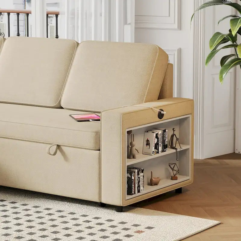 Canapé-lit convertible avec méridienne de rangement et port USB, canapé d'angle, beige