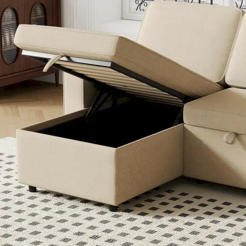 Canapé-lit convertible avec méridienne de rangement et port USB, canapé d'angle, beige