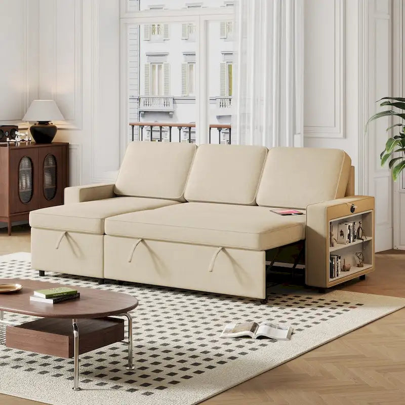 Canapé-lit convertible avec méridienne de rangement et port USB, canapé d'angle, beige